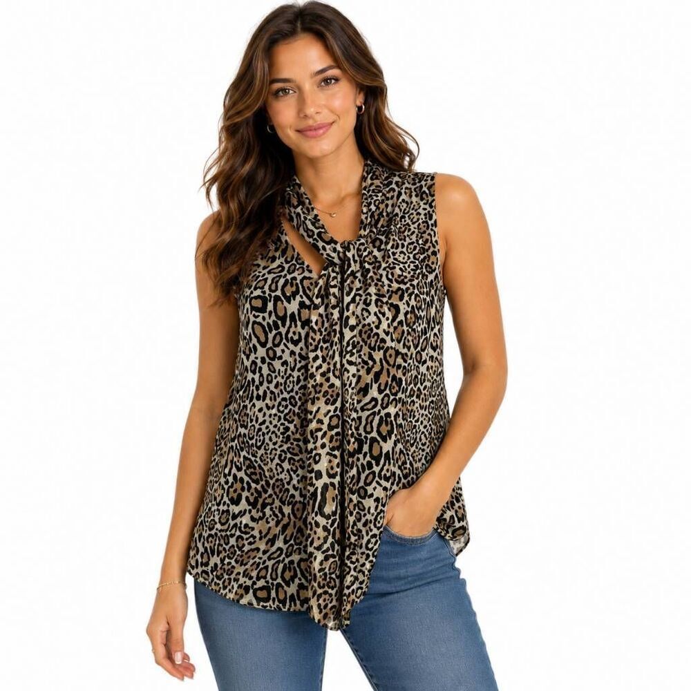 Chicos Size 1 Leopard Print Tie Neck Sleeveless Blouse